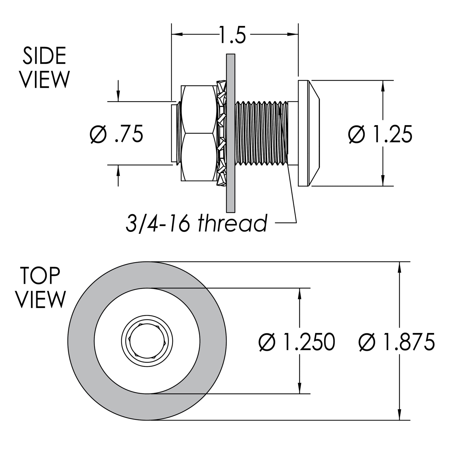 QRBSB-150 - 1/2" Quick Release Fender Base with standard hex nut, no Door and 1.5" of threads