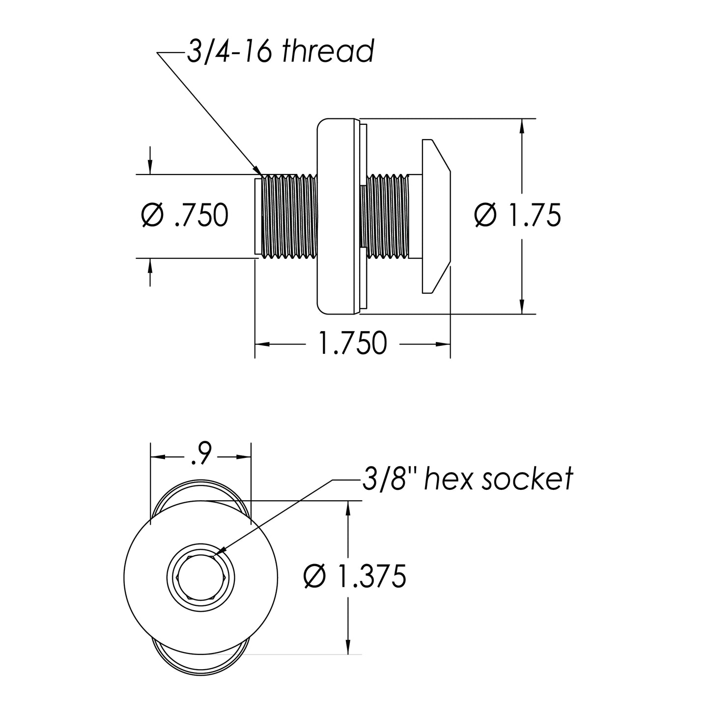 QRBSBLH175BN - 1/2" Quick Release Fender Base with blind install nut, no Door and 1.5" of threads